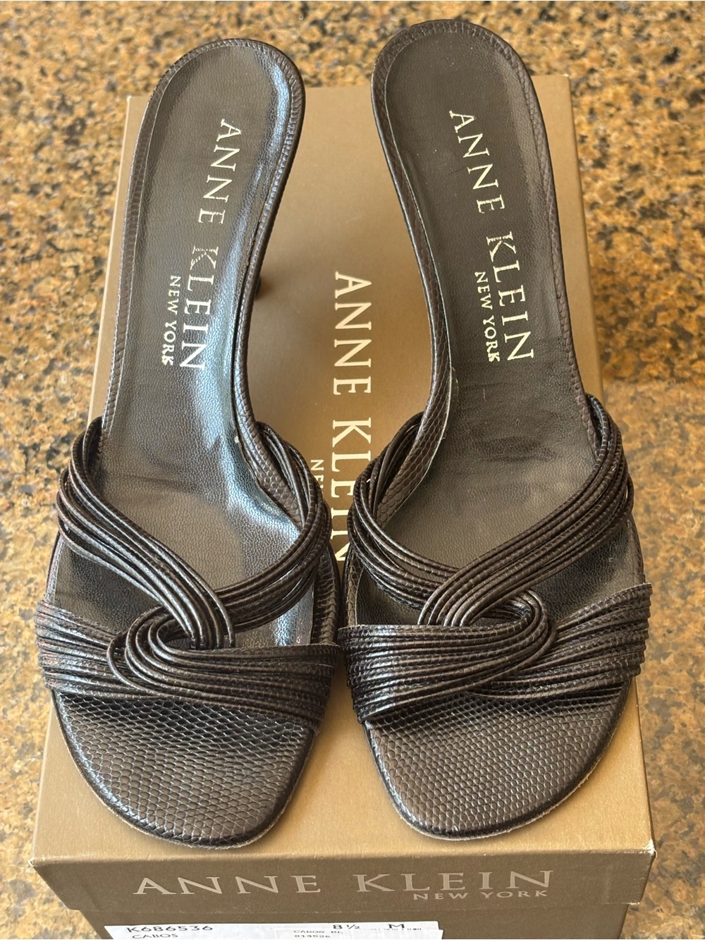 Anne Klein Womens Black Leather Knotted Strappy Open Toe Slip On Kitten Heel 8.5